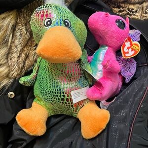 Ty Green and Orange Duck with Pink Dragon Plush Set